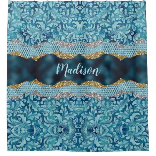 シックなフローラキラキラティール（緑がかった色）ターコイズ金ゴールドモノグラム シャワーカーテン (正面)