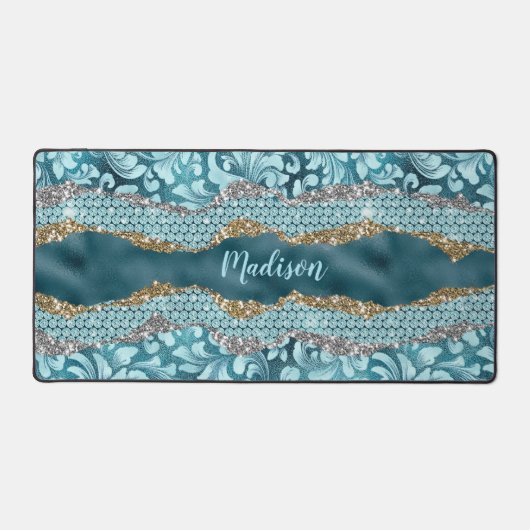 シックなフローラキラキラティール（緑がかった色）ターコイズ金ゴールドモノグラム デスクマット (正面)