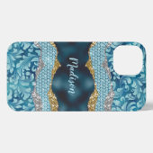 シックなフローラキラキラティール(緑がかった色)ターコイズ金ゴールドモノグラム iPhoneケース (裏面横)
