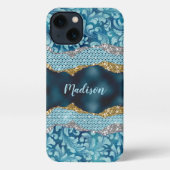 シックなフローラキラキラティール（緑がかった色）ターコイズ金ゴールドモノグラム iPhoneケース (裏面)