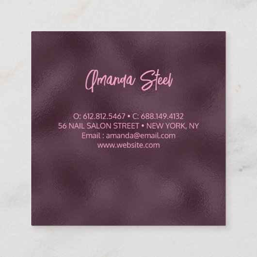 シックなフローラキラキラ紫色のピンクのシルバーモノグラム スクエア名刺 (裏面)