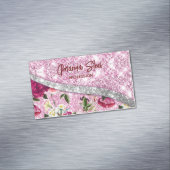 シックなフローラキラキラ紫色のピンクのシルバーモノグラム マグネット名刺 (インサイチュ)