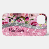 シックなフローラキラキラ紫色のピンクのシルバーモノグラム Case-Mate iPhoneケース (裏面 (横))