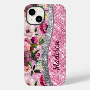 シックなフローラキラキラ紫色のピンクのシルバーモノグラム Case-Mate iPhone 14ケース