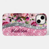 シックなフローラキラキラ紫色のピンクのシルバーモノグラム Case-Mate iPhoneケース (裏面 (横))