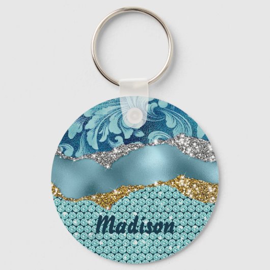 シックなフローラキラキラ金ゴールドターコイズティール（緑がかった色）モノグラム キーホルダー (正面)