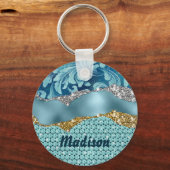 シックなフローラキラキラ金ゴールドターコイズティール（緑がかった色）モノグラム キーホルダー (正面)