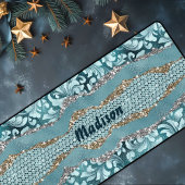 シックなフローラキラキラ金ゴールドターコイズティール（緑がかった色）モノグラム デスクマット