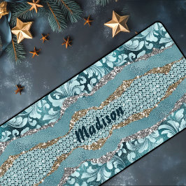 シックなフローラキラキラ金ゴールドターコイズティール（緑がかった色）モノグラム デスクマット