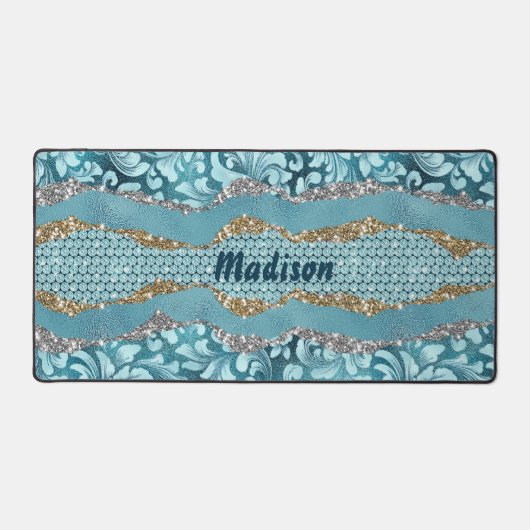 シックなフローラキラキラ金ゴールドターコイズティール（緑がかった色）モノグラム デスクマット (正面)