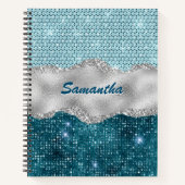 シックなフローラキラキラ金ゴールドターコイズティール(緑がかった色)モノグラム ノートブック (正面)