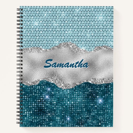 シックなフローラキラキラ金ゴールドターコイズティール（緑がかった色）モノグラム ノートブック (正面)