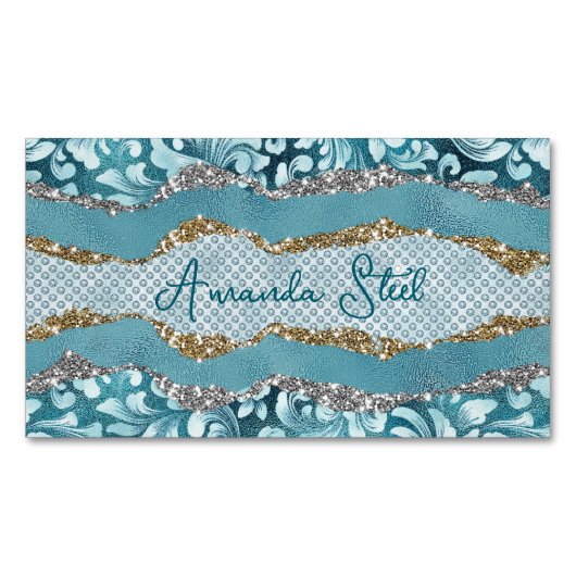 シックなフローラキラキラ金ゴールドターコイズティール（緑がかった色）モノグラム マグネット名刺 (正面)