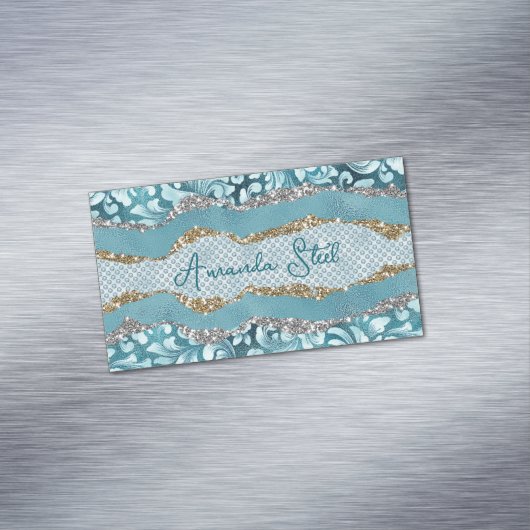シックなフローラキラキラ金ゴールドターコイズティール(緑がかった色)モノグラム マグネット名刺 (インサイチュ)