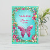 シックなフローラキンセアニラピンクターコイズバタフライ 招待状 (スタンド正面)