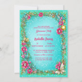 シックなフローラキンセアニラピンクターコイズバタフライ 招待状 (裏面)