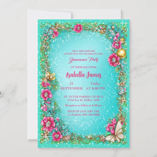 シックなフローラキンセアニラピンクターコイズバタフライ 招待状 (裏面)