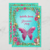 シックなフローラキンセアニラピンクターコイズバタフライ 招待状 (正面/裏面)