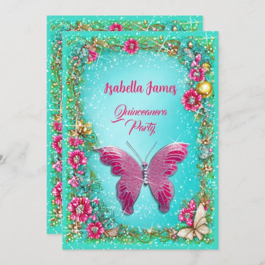 シックなフローラキンセアニラピンクターコイズバタフライ 招待状 (正面/裏面)