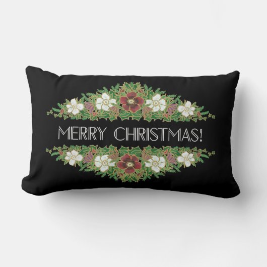 シックなフローラクリスマスバラ、ヘレボレス、ホリーアイビー ランバークッション (正面)