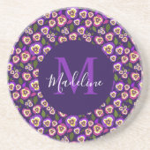 シックなフローラパンジーパターンパープルモノグラム コースター (正面)