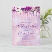 シックなフローラピンクパープル滴下グリッター任意の年齢 招待状 (スタンド正面)