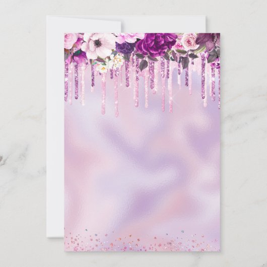 シックなフローラピンクパープル滴下グリッター任意の年齢 招待状 (裏面)