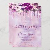 シックなフローラピンクパープル滴下グリッター任意の年齢 招待状 (正面/裏面)