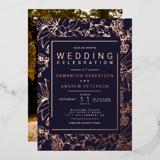 シックなフローラフレーム海軍のエレガントな結婚式の写真 箔招待状 (正面/裏面)