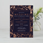 シックなフローラフレーム海軍のエレガントな結婚式の写真 箔招待状 (立ち正面)