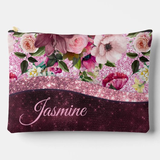 シックなフローラブルゴーニュピンクパープルグリッターモノグラム アクセサリーポーチ (正面)