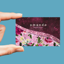 シックなフローラブルゴーニュピンクパープルグリッターモノグラム マグネット名刺