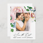 シックなフローラブーケとフレームの日付を保存 インビテーションポストカード (正面/裏面)