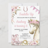 シックなフローラホースポニーサドルアップ誕生日 招待状 (正面)