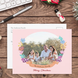 シックなフローラリース赤面ピンククリスマスフォト シーズンポストカード