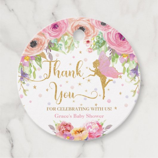 シックなフローラ妖精ベイビーシャワー誕生日ありがとう フェイバータグ (正面)