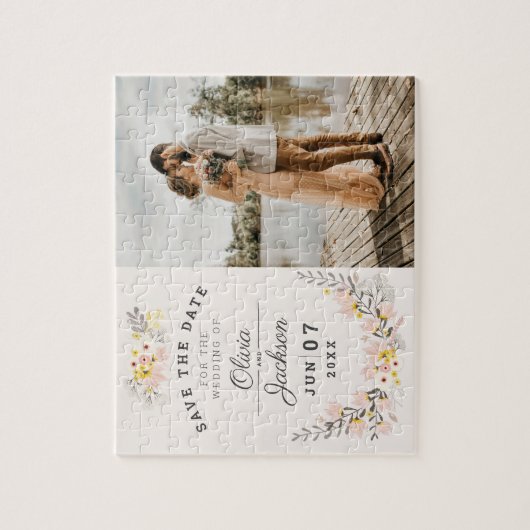 シックなフローラ婚約写真の日付を保存 ジグソーパズル (縦)