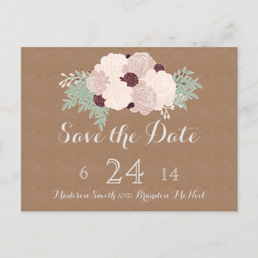 シックなフローラ日付を保存 – ダークワインアクセント 案内ポストカード (正面)