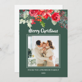 シックなフローラ水色ポインセチア写真クリスマス シーズンカード
