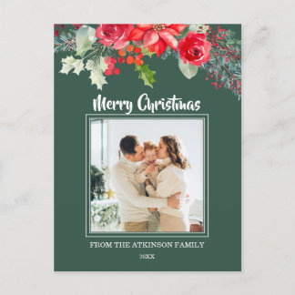 シックなフローラ水色ポインセチア写真クリスマス シーズンポストカード