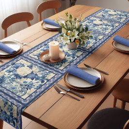 シックなフローラ花瓶ブルーチノイスリートイレモノグラム ショートテーブルランナー