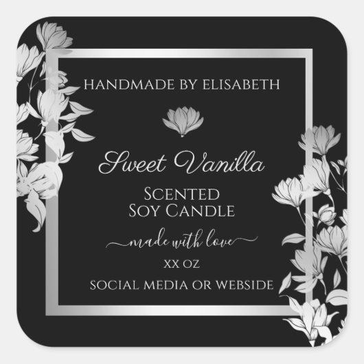 シックなフローラ製品の包装ラベルブラックシルバー スクエアシール (正面)