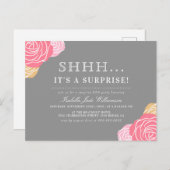 シックなフローラShh...サプライズ誕生日パーティーだ インビテーションポストカード (正面/裏面)