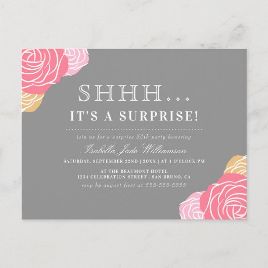 シックなフローラShh...サプライズ誕生日パーティーだ インビテーションポストカード (正面)