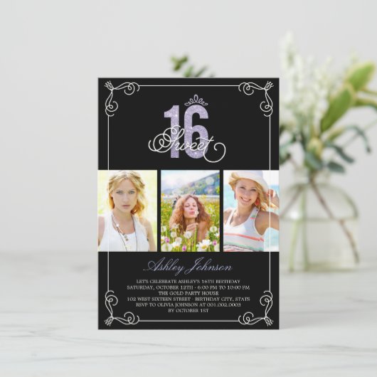 シックなフローリッシュグラーム甘い16フォトバースデーパーティー 招待状 (スタンド正面)