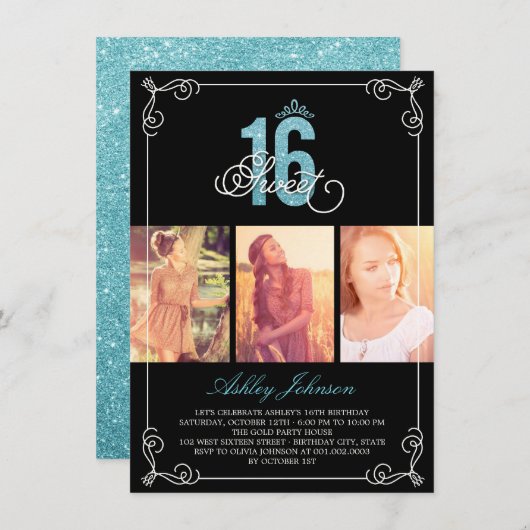 シックなフローリッシュグラーム甘い16フォトバースデーパーティー 招待状 (正面/裏面)