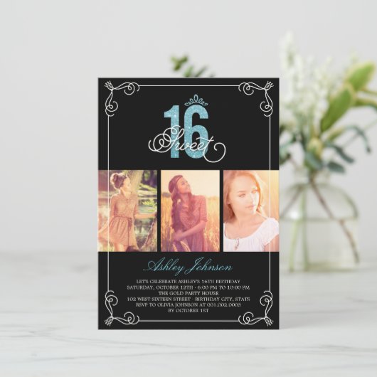 シックなフローリッシュグラーム甘い16フォトバースデーパーティー 招待状 (スタンド正面)