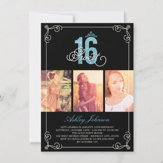 シックなフローリッシュグラーム甘い16フォトバースデーパーティー 招待状 (正面)