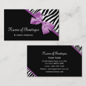 シックなブティックブラック&ホワイトゼブラパープルリボン 名刺 (正面/裏面)