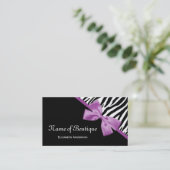 シックなブティックブラック&ホワイトゼブラパープルリボン 名刺 (スタンド正面)